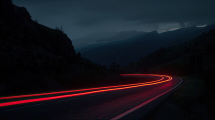 Car brake taillights light trail blur winding around a curvy mountain road scenic timelapse 
