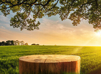 Tree trunk wood Podium as a table display for food and other products on nature background, farm...
