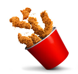 Fried Chicken hot crispy strips crunchy pieces of tenders in a Bucket - large Red box isolated in...