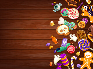 Halloween candies on wooden desk or trick or treat sweets for holiday, vector background. Halloween horror night cartoon spooky candy bone, skull cookie and skeleton biscuit on wood desk for greeting