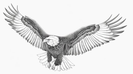 Fototapeta premium Black and white image of a bald eagle with wings spread.