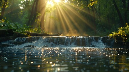 Fototapeta premium A beautiful waterfall in a forest, illuminated by golden sunlight rays.