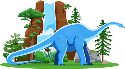 Cartoon prehistoric dinosaur lizard, Haplocanthosaurus in jungle forest, vector dino character. Jurassic era prehistoric dinosaur character, Haplocanthosaurus of sauropod species for kids paleontology © Vector Tradition