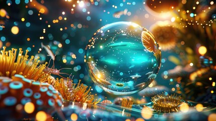 Vibrant underwater scene with marine life, coral reefs, and a captivating central glass sphere reflecting light and vibrant colors.