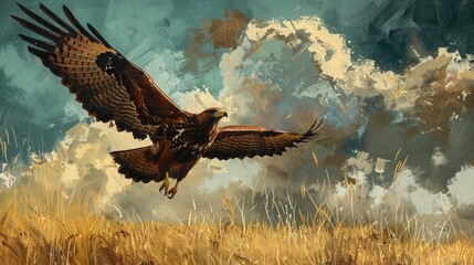 Eagle soaring above the golden grasslands, vibrant sky