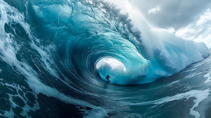 Powerful and Massive Breaking Ocean Wave with Surfer Riding Inside the Barrel Curl of the Storm Swell  Extreme Sports Adventure Adrenaline Danger and Environmental Forces Captured