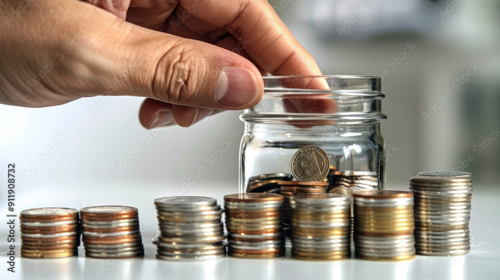 Poster A hand putting coins into an open glass jar on white background, with stacks and rows of silver coin in the bottom part of it. The concept shows financial planning or saving. Generative AI.