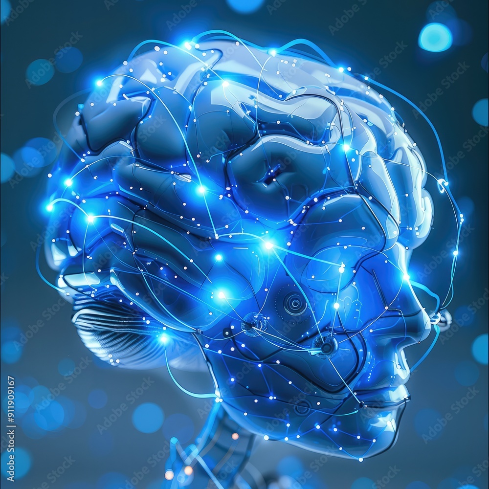 Aufkleber the blue virtual brain model has signal connection, abstract, futuristic, technology, surrealism. ge