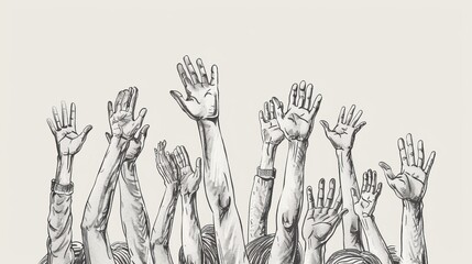 Multiple hands raised in the air, reaching upward.
