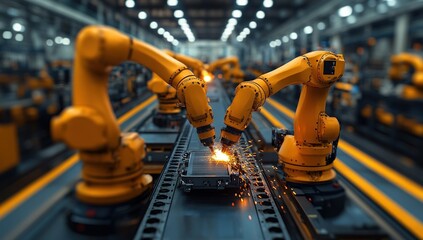 A row of industrial robots welding a metal part on an assembly line in a factory setting.