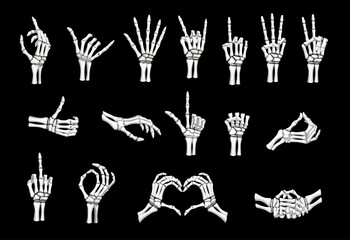 Skeleton hand gestures. Vector Halloween human skull finger bones showing peace, rock, ok, heart and love signs. Index finger pointing up, shaka, thumb up, fist, handshake and high five hand gestures