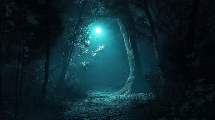 Magical night sky, the glowing blue light filters through the trees, creating a fantasy forest scene bathed in ethereal illumination. magical, fantasy, night, light, glowing, nature, background, tree.