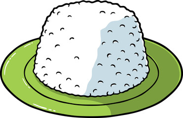 Hand Drawn Vector Cartoon One Cup Plain Rice On A Green Saucer