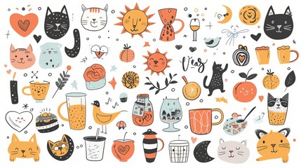 Charming cat-themed illustrations with various icons