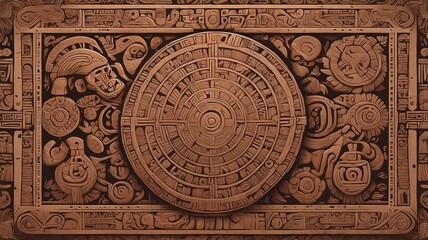 Obraz premium A Mesoamerican-inspired backdrop with intricate patterns, earthy tones, and symbolic imagery. Elements of ancient art and traditional motifs for a cultural, historical feel.