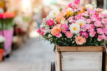 Obraz premium A wooden cart filled with fresh flowers, parked in a market square