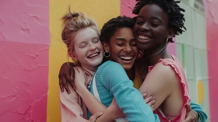 Diverse group of friends hugging against colorful wall