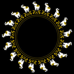 Elephant Mandala Decorative line art frame, White and Gold Color and Black Background - Digital Download file for print, printable, wallpaper, background, sticker wall art and many projects.
