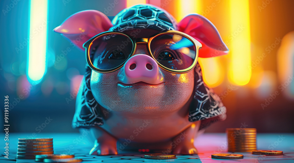 Poster a piggy bank that is designed to look fancy, such as a piggy bank wearing sunglasses or a hat, along