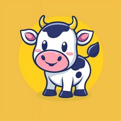 Obraz premium Cute cartoon cow with black spots on a yellow background.