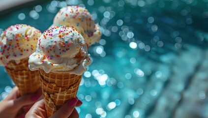 Ice Cream Cones by the Pool. Generate AI image