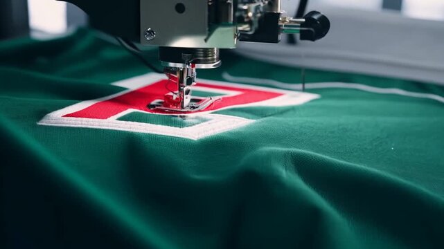 Machine Embroidering Red Number on Green Hockey Club Uniform Generative AI