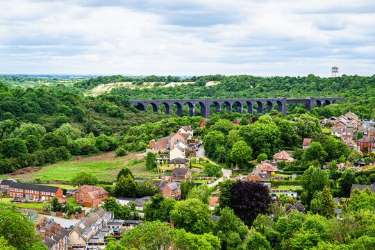 View from Conisbrough Castle of Conisbrough Viaduct and Conisbrough water tower, Conisbrough, South Yorkshire, England