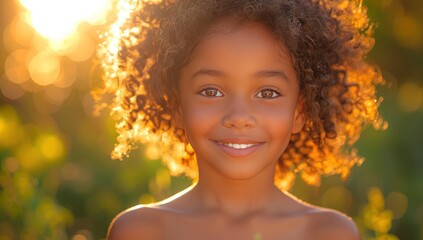 Fototapeta premium A young girl with curly hair smiles brightly as the sun shines through her hair.