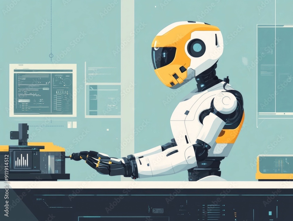 Poster an of an advanced ai powered robot working on analytical tasks and data processing in a sleek futuri