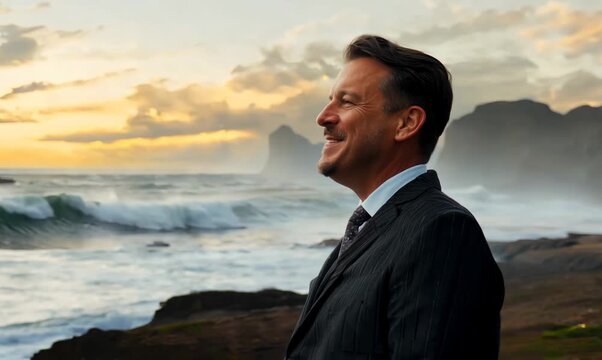 Full-length portrait video of a pleased man in his 40s wearing a classic blazer against a windswept or dramatic landscape background
