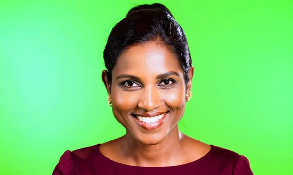 Portrait of a smiling woman looking at camera isolated over green background