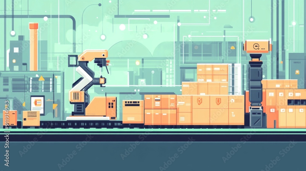Poster automated logistics and robotic warehouse in a smart factory environment showcasing the of advanced 