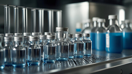 Bottling and packaging of sterile medical products. Pharmaceutical industry product line. Ai generative