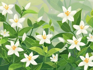 Obraz premium Lush green foliage with delicate white flowers blooming.