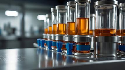 Bottling and packaging of sterile medical products. Pharmaceutical industry product line. Ai generative
