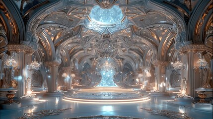 Wedding stage in an ice palace, surrounded by intricate architectural arches adorned with crystal snowflakes and ice crystals. design of the wedding hall features spiral and swirling curves.