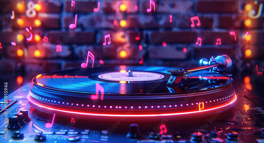 Leinwandbilder a neon record player with spinning discs and musical notes floating around it. generative ai.