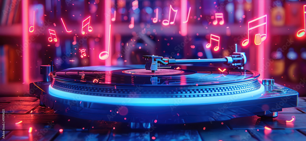 Leinwandbilder a neon record player with spinning discs and musical notes floating around it. generative ai.
