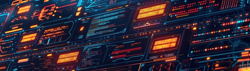 Obraz premium Coding project displayed on multiple monitors, top view, representing dynamic web applications, digital tone, Splitcomplementary color scheme