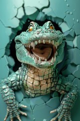 Obraz premium A green crocodile with sharp teeth peeks through a cracked teal wall.