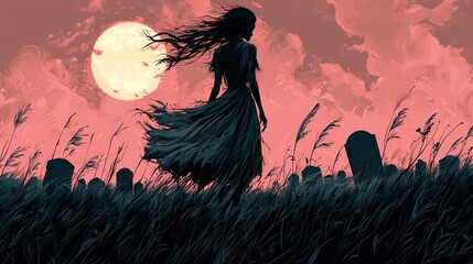 Woman in the Graveyard Under a Full Moon