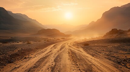 Sunset over a rugged desert landscape with mountains.
