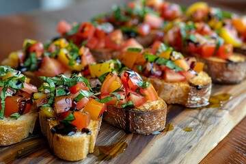 This vibrant overhead shot features Bruschetta served on a decorative platter, showcasing the rich colors of fresh tomatoes and basil against golden toasted baguette slices