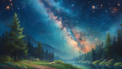 Under the tranquil starry sky, rivers and green trees complement each other, depicting a dreamy natural scenery.