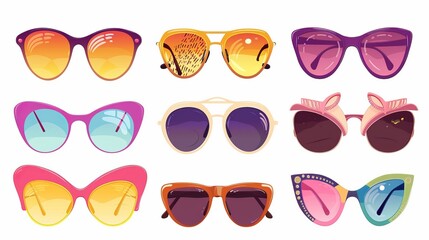 Set of nine colorful sunglasses with vibrant frame designs.