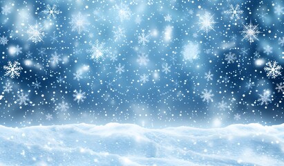 Fototapeta premium A blue background with snowflakes falling in the foreground, creating an atmosphere of winter and celebration. The snow is scattered across the scene, adding to its festive feel.