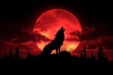 Naklejka premium Halloween Full Moon Wolf Blood Red. Full Moon Blood Red with Howling Wolf black night sky for Halloween or Desert