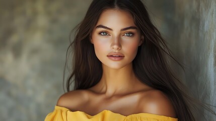Naklejka premium Close-up portrait of a young woman with long brown hair.