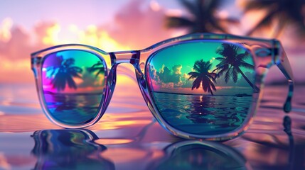 Colorful sunset view through reflective sunglasses lens
