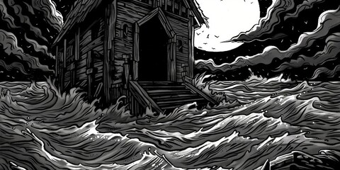 massive ark stands resolute against raging waters, surrounded by churning waves beneath an ominous, glowing moon.